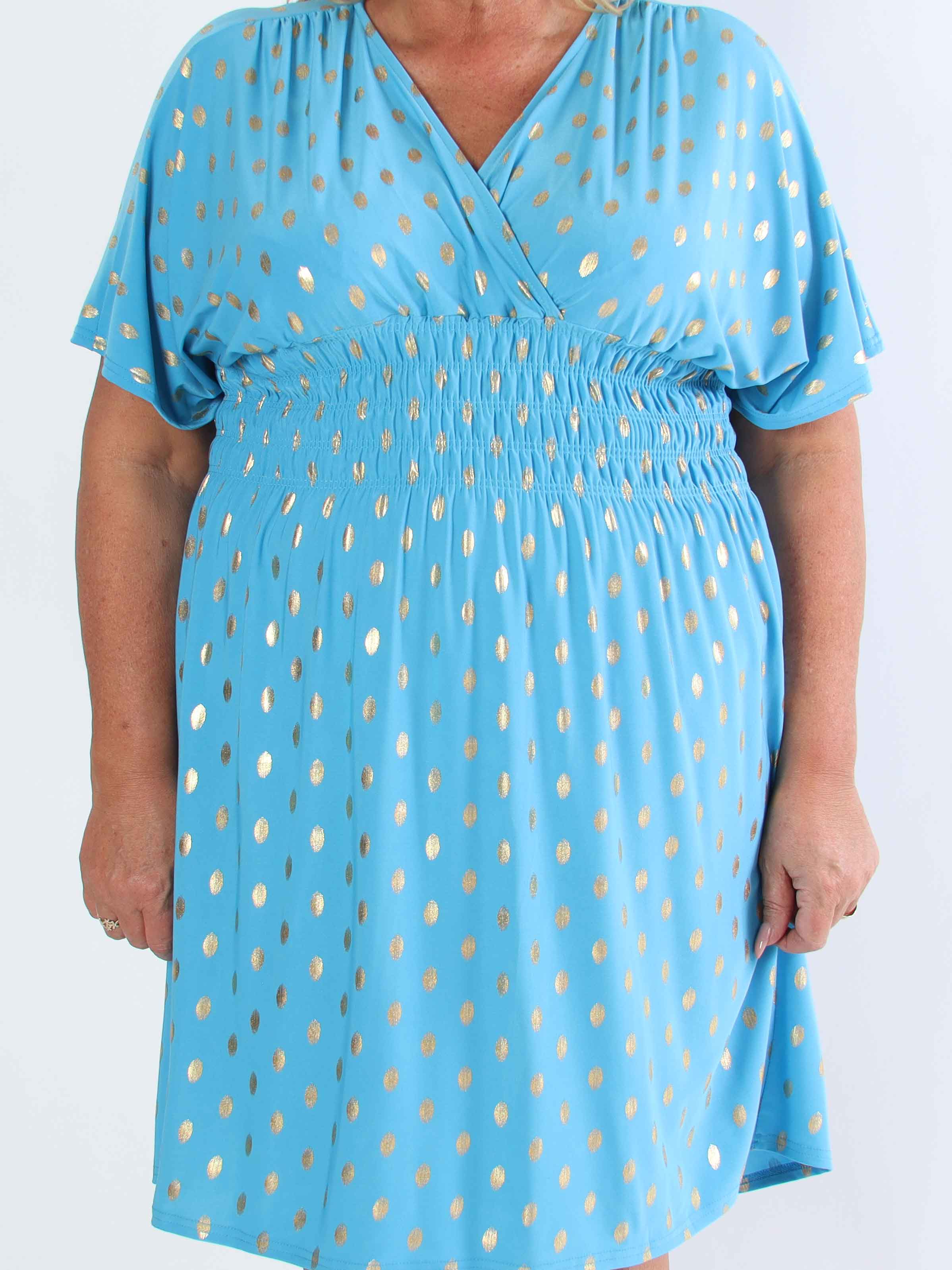 Pams Dot Short - Plus size elastisk kjole med guld prikker